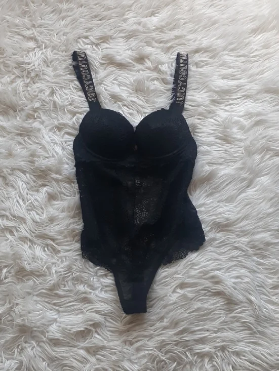Juicy Couture Black Studded Lace Teddy Bodysuit with Branded Straps Size Small
