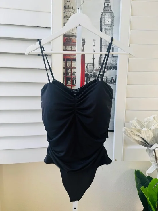 Express Black Ruched Spaghetti Strap Bodysuit