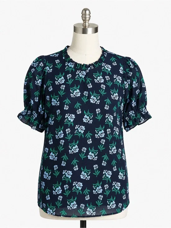 J Crew Factory women’s Short-sleeve printed ruffleneck top blue floral Sz XS NWT