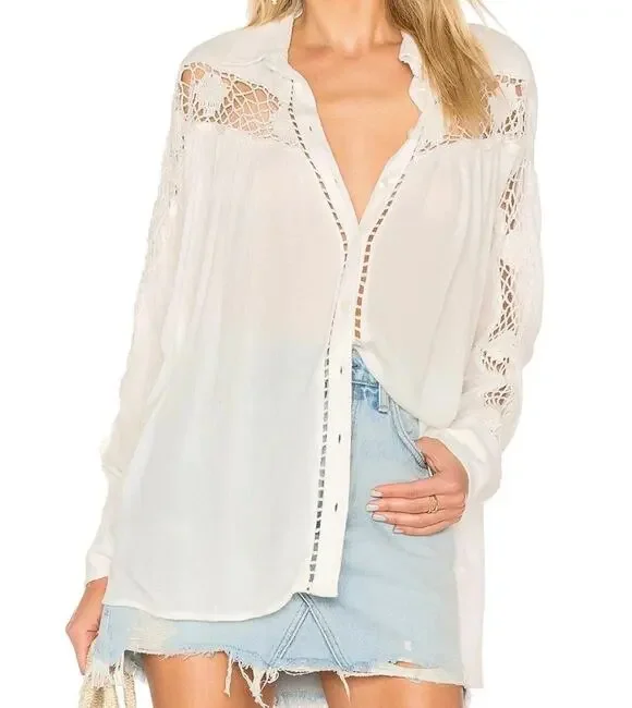 FREE PEOPLE Katie Bird Black Crochet Detail Button-up Tunic Womens Top