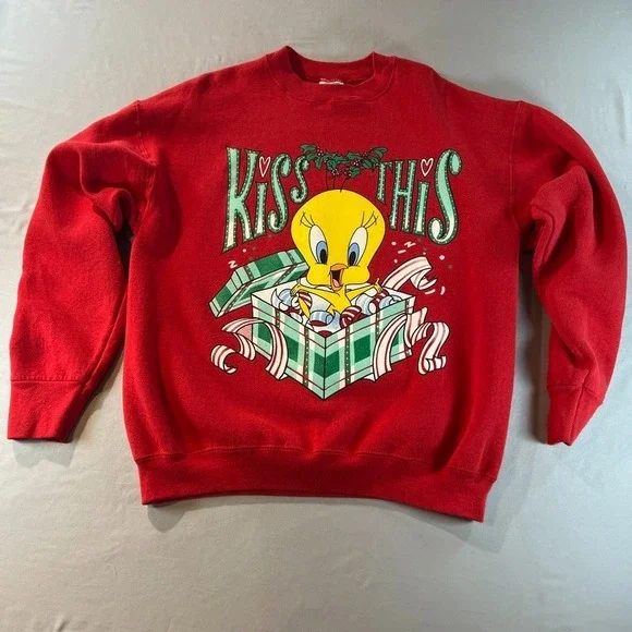 VTG 1997 Looney Tunes Tweety Kiss This Christmas Sweatshirt Red Large Warner Bro