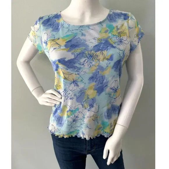 Vintage Y2K Pastel Floral Mesh Top Lettuce Hem Fairycore Baby Tee size Medium