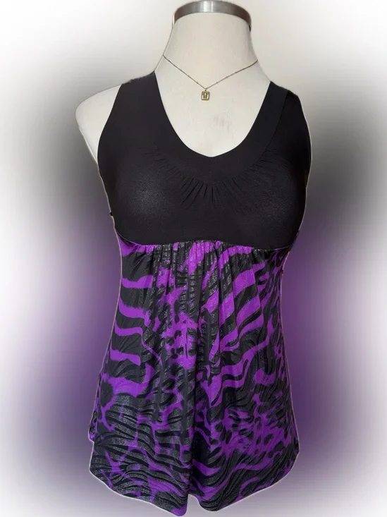 Vintage Chocolatte Black Dresstop with Purple Zebra Print size Small