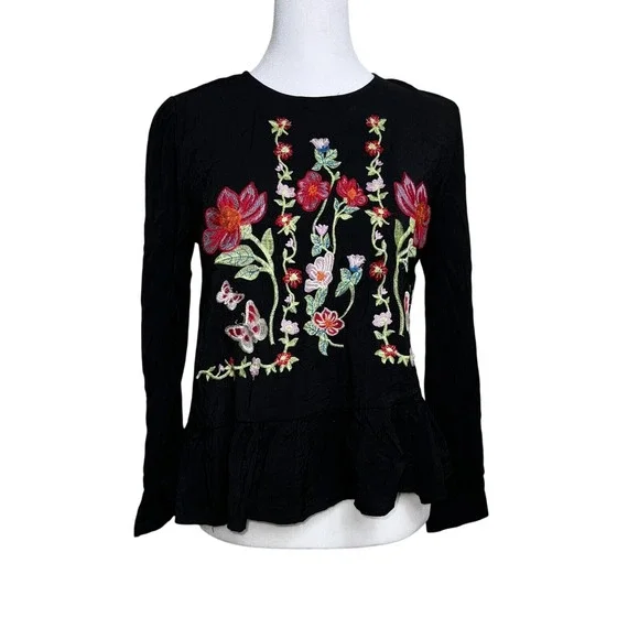 Zara Basic Black Floral Embroidered‎ Peplum Long Sleeve Blouse Top Womens Small