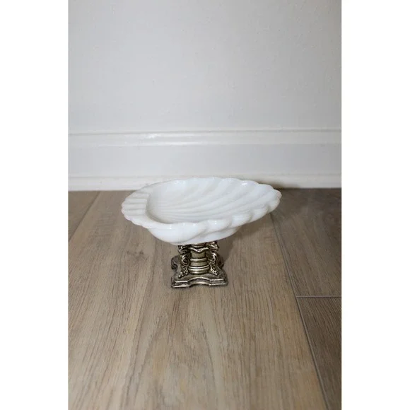 VTG Milk Glass Shell Soap Dish Ornate Silver Pedestal Base Trinket Bowl