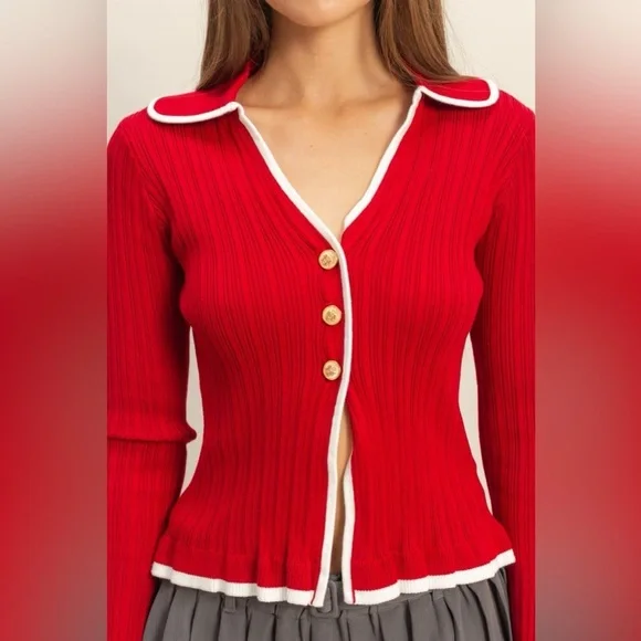 NEW HYFVE Red Ribbed Button Front Top w/ White Trim Coquette Size Medium