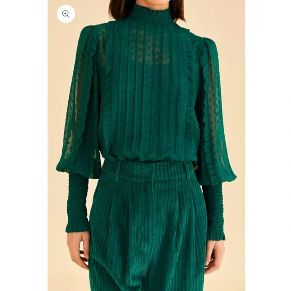 FARM RIO NWT Ruffled Long Sleeve Swiss Dot Blouse in Emerald // M