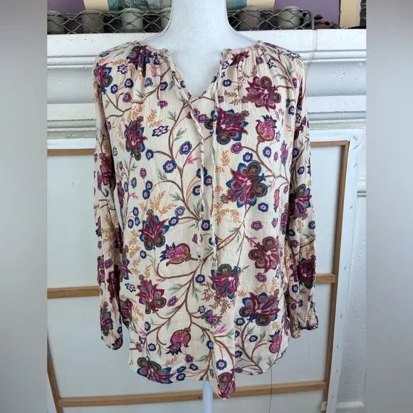 Chaps Ralph Lauren Europe Prairie Western Floral Blouse w/tie neck, oversized