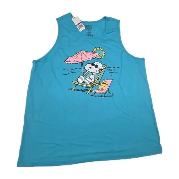 Peanuts Snoopy Woodstock Sunbathing Blue Tank Top XXL NWT Beach Theme Cartoon