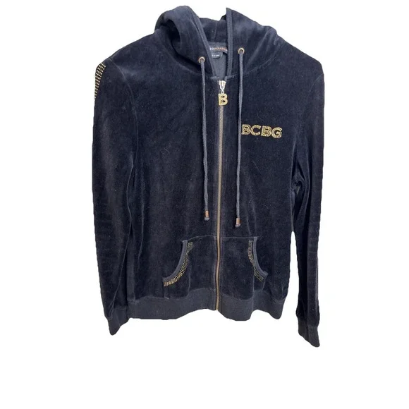 BCBGMAXAZRIA  Velour Rhinestone Full Zip Hoodie Jacket Bling Black Med