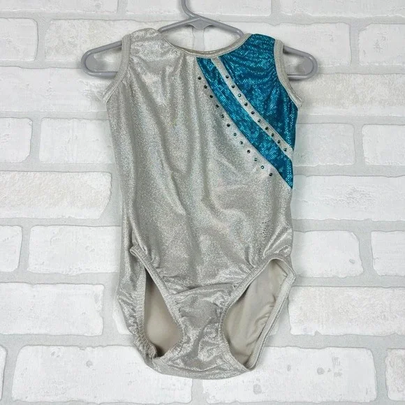 Silver Teal Holographic Rhinestone Sleeveless Gymnastics Leotard Kids