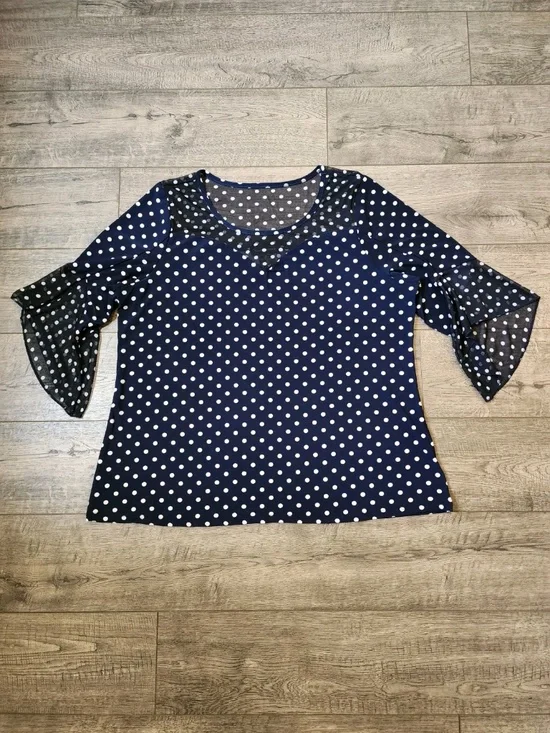 Susan Lawrence Womens Navy Blouse White Polka Dot Flare 3/4 Sleeve Size XL Sheer