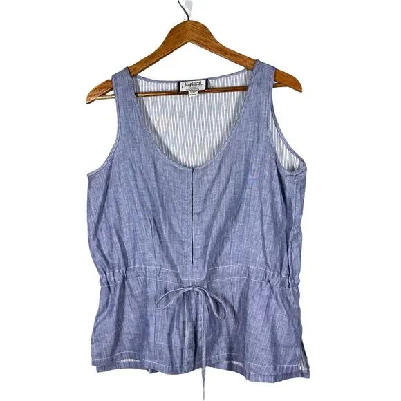 Mary McFadden Petite Womens Sz PL Blue Poplin Sleeveless Top Drawstring Waist