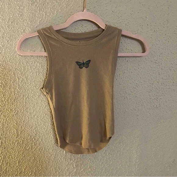 American Eagle Outfitters Tan Ribbed Butterfly Cropped Tank Top Size XS Y2K