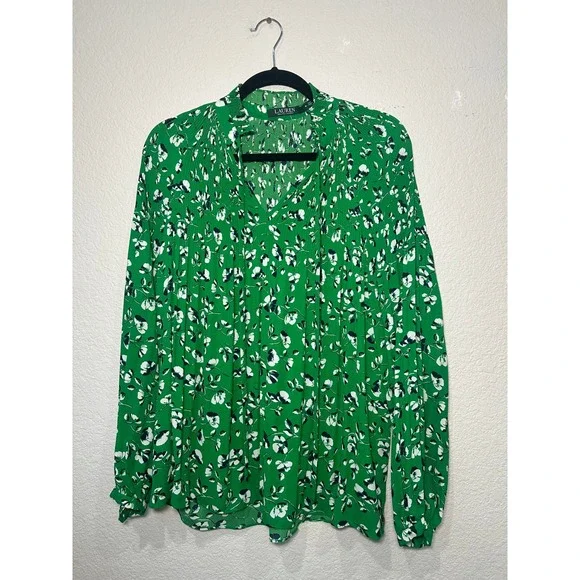 Lauren Ralph Lauren Green Floral Pleated Long Sleeve Blouse Tie Neck Medium