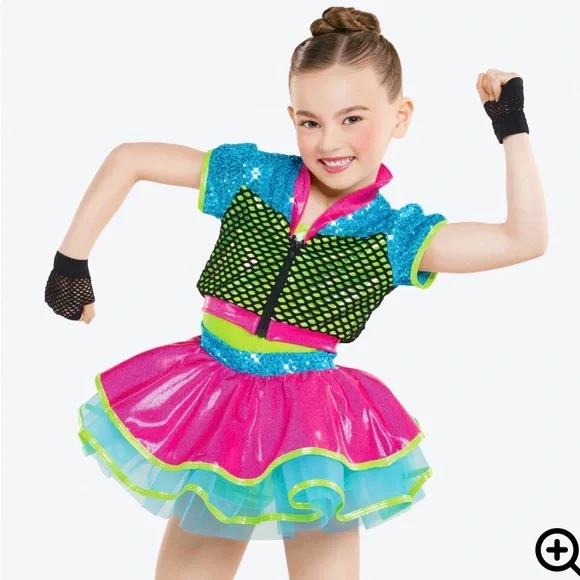 Girls' Bright Pink & Teal Dance Costume with Lime Accents