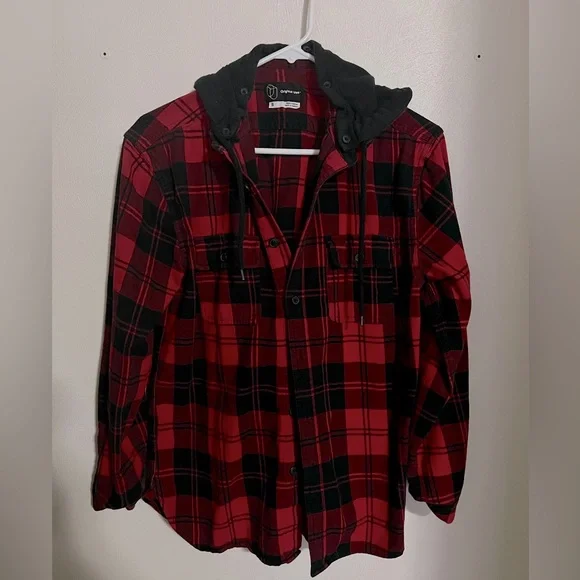 ORIGINAL USE Red and Black Flannel Button Down Shirt with Removable Hood Wms‎ S