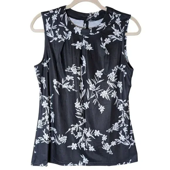 Micoson Crew Neck Sleeveless Floral Black/White Blouse Size M