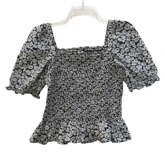 J.Crew Smocked Peplum Top Women's XS Navy Blue Daisy Floral Puff Sleeve Blouse