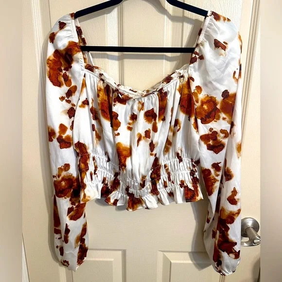 Bar III Abstract Design Long Sleeve Blouse, White w Orange/Brown, Sz L, NWOT