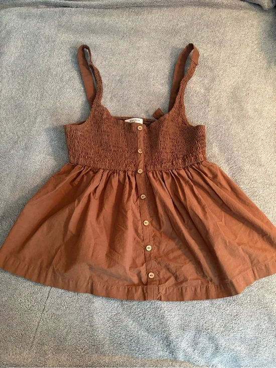 Blanque Brown Smocked Peplum Cami Large 100% Cotton Buttons Feminine
