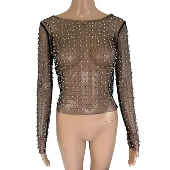 Haute Monde Black Pearl Beaded Mesh Sheer Long Sleeves Top S Coquette Glam NWT