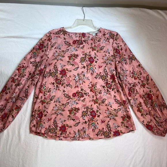 Loft Pink Floral Paisley Jacquard Long Sleeve Blouse Top Size Medium