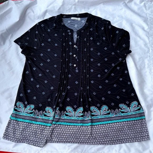 Croft & Barrow Blouse‎ Womens XXL Navy Blue Excellent Pintuck Paisley Knit Top