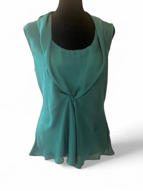 Women's Green Sleeveless Cowl Neck Twist Front Chiffon Blouse Polyester