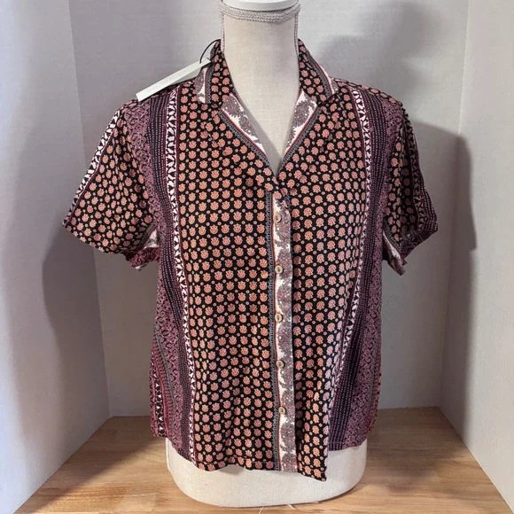 Rachel Zoe Women's Medium Linen Short Sleeve‎ Button Up Shirt Tribal New