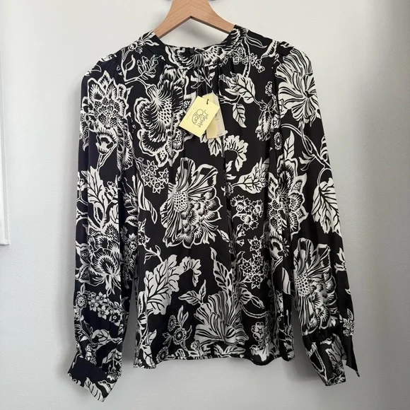 Margaret O'leary Small NEW Avery Blouse Cristelle Silk Black Floral Puff Sleeve