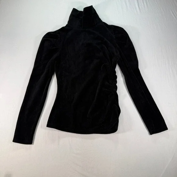 Pam & Gela‎ Terry Cloth Mock Neck Asymmetrical Petite P Black Ruched Puff Sleeve