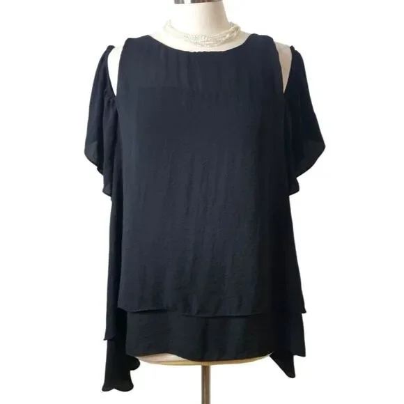 Boutique Womens 1X Blouse Black Cold Shoulder Chic Layered Y2K Loose Fit Festive