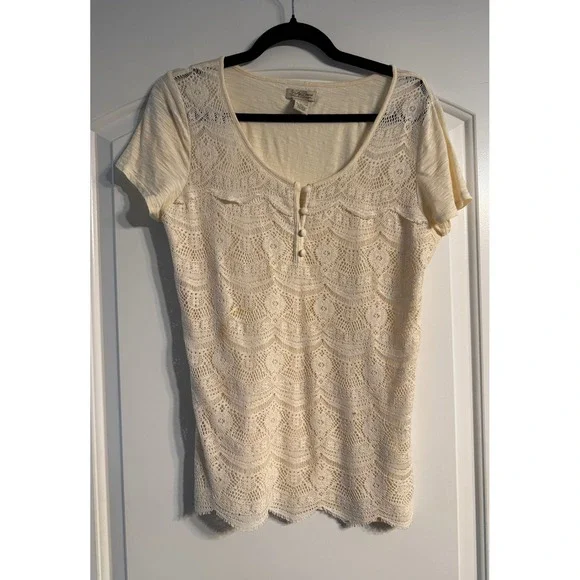 Lucky Brand Lace Front Top Women Large Cream Boho Henley Romantic Casual