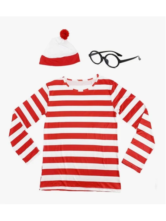 New Adult Where's Waldo Costume Shirt, Hat & Glasses