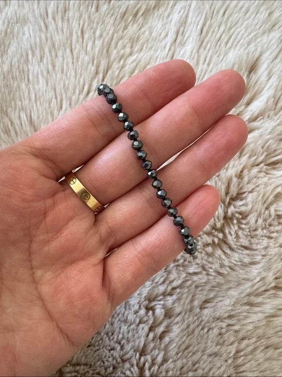 Y2K Genuine Black Hematite Beaded Bracelet Crystal Healing Boho Grunge