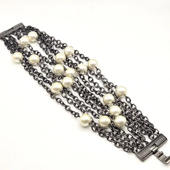 Multi Strand Dark Metal Chain Glass Faux Pearl Bracelet Fold Over Clasp‎ Closure