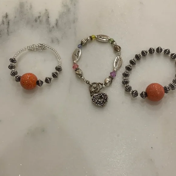 Love,Friend,Forever bracelet‎ plus 2 with orange beads.One is stretch.
