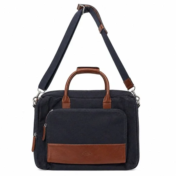 Fossil Estate Canvas Leather Messenger Computer Travel Bag Briefcase Gray Canvas