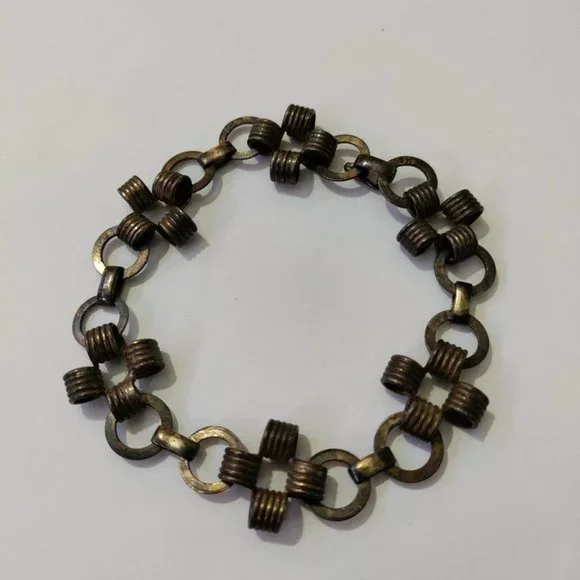 Vintage 925 Sterling Silver Chunky Linked Rings Bracelet Modernist Wire Wrapped