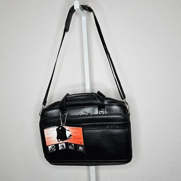 Samsonite Leather Slim Briefcase Laptop Bag Black Business Travel Shoulder NWT‎