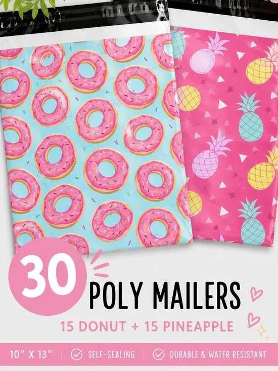 30 Cute 10x13 Poly Mailers Donut & Pineapple Print Shipping Bags 15 Each Style