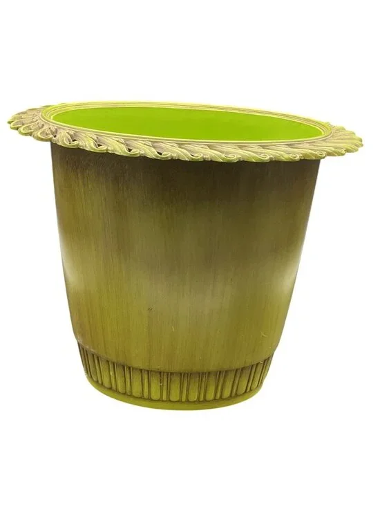 Vintage Avocado Green Ornate Scroll Large Trash Can Syroco 11.5