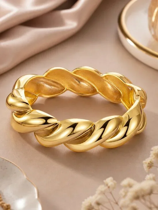 18K Gold Plated Chunky Twisted Cuff Bracelet Wide Hinged Bangle