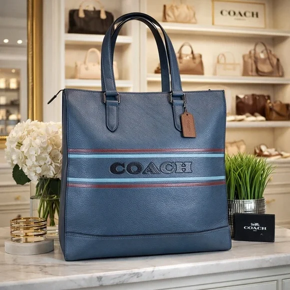 Coach Unisex Graham Stripe Blue‎ Leather Large Tote Bag Work Laptop Crossbody