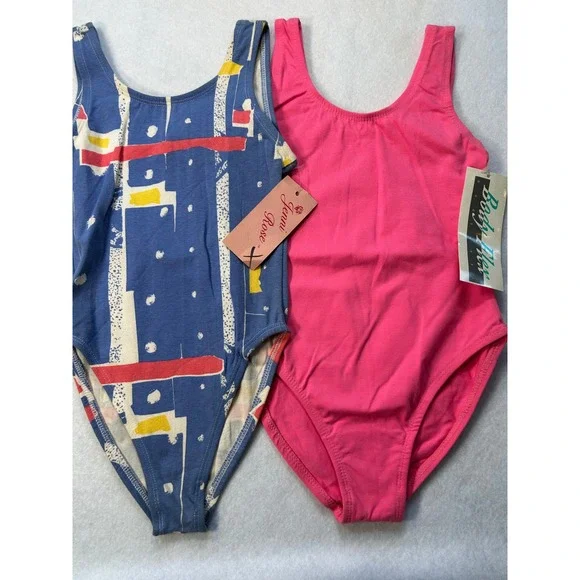 Vintage NWT Girls Leotard Lot 2 Jenni Rose Body Flex Pink Blue Pattern Size 8-10