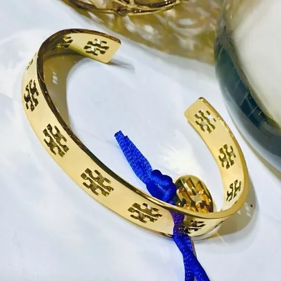 TORY BURCH LOGO DOUBLE T CUFF 18K GOLD TONE BRACELET