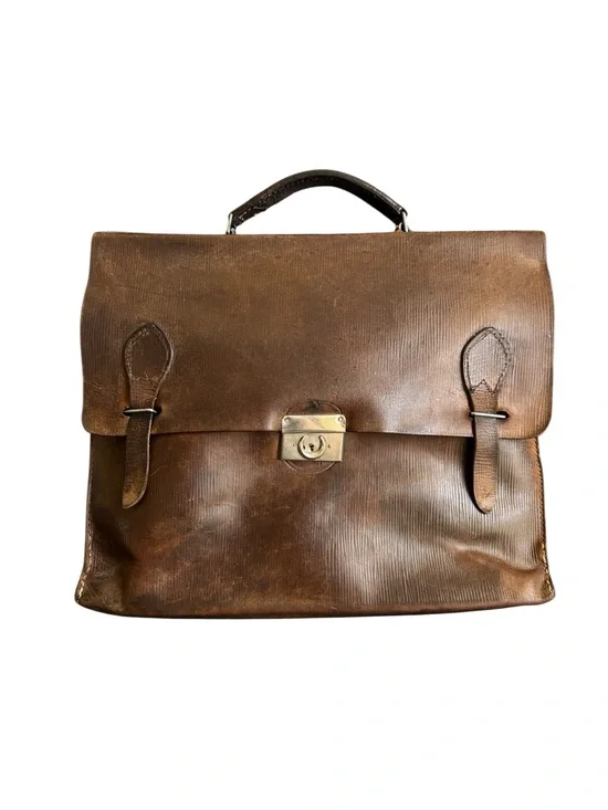 Vintage 1940s Briefcase French Attaché Case Dark Brown Ribbed Distressed Leather