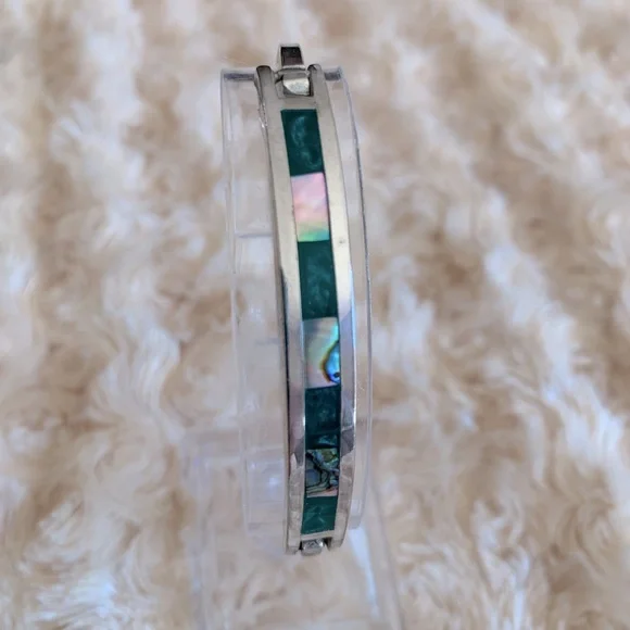 Vintage Mexico Alpaca Abalone Malachite Hinge Bangle Bracelet
