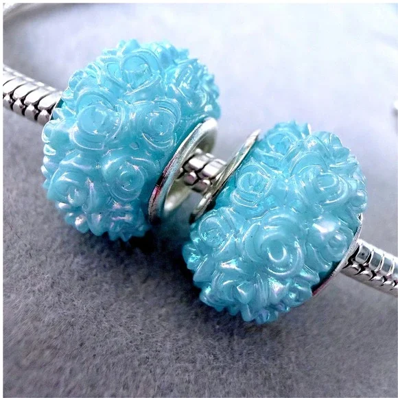 2 PCs Aqua Blue Rose Bouquet Resin Charm Beads fits PANDORA